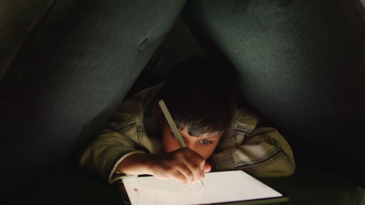 Ragazzo in un accampamento fatto in casa con cuscini che gioca e disegna con un tablet digitale e uno stilo di notte.