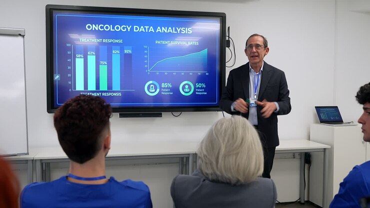 Medical Professional Presenting Oncology Data Analysis to Students