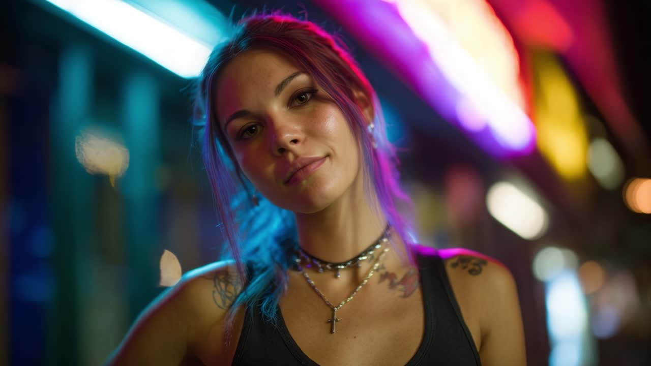 Portrait captivant d'une femme confiante, avec un éclairage néon soulignant son charisme, son style et sa beauté dans un cadre urbain nocturne.