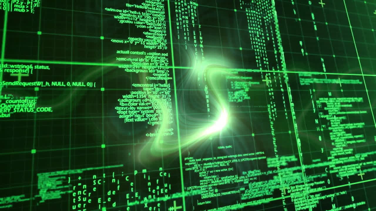 Central glowing swirl pulsing with code streams and plus-shaped nodes over dark grid interface