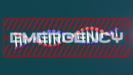 emergency text banner over dna structure spinning and purple digital wave on green background