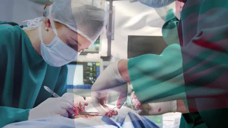 animation of flag of italy waving over surgeons in operating theatre