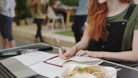 Frau-Beim-Mittagessen-Mit-Laptop