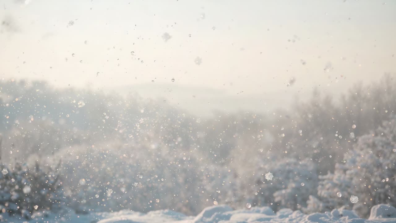 雪に覆われた丘の中腹で、軽い風に吹かれ、太陽に照らされながら、舞い落ちる雪の結晶が漂い、回転している。
