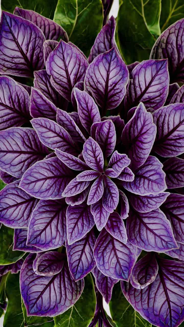 Symmetrical floral pattern with vibrant purple and green leaves, viewed from above