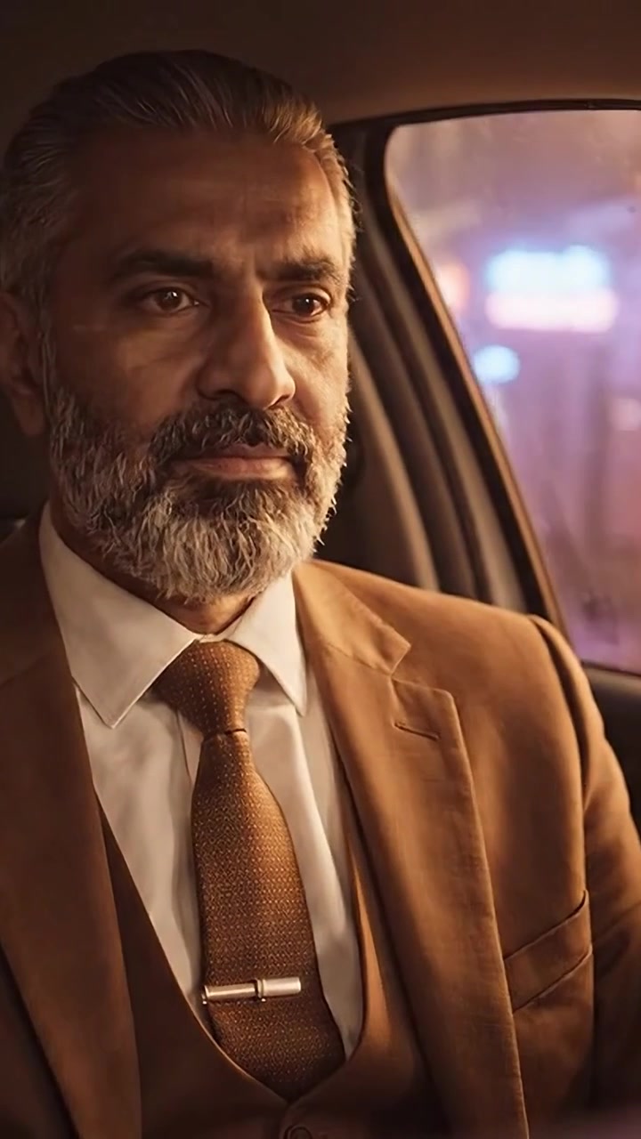 Un uomo pensieroso con una barba distinta e un abito formale siede in un'auto, riflettendo sotto una calda luce ambientale, mostrando un'atmosfera di contemplazione e compostezza.