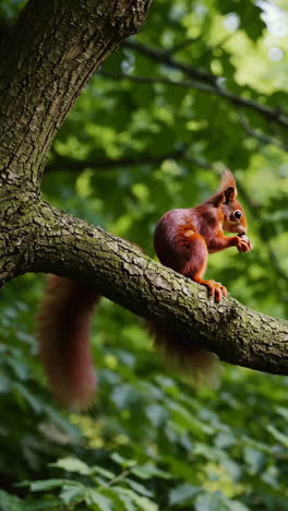 red squirrel eating a nut on a branch