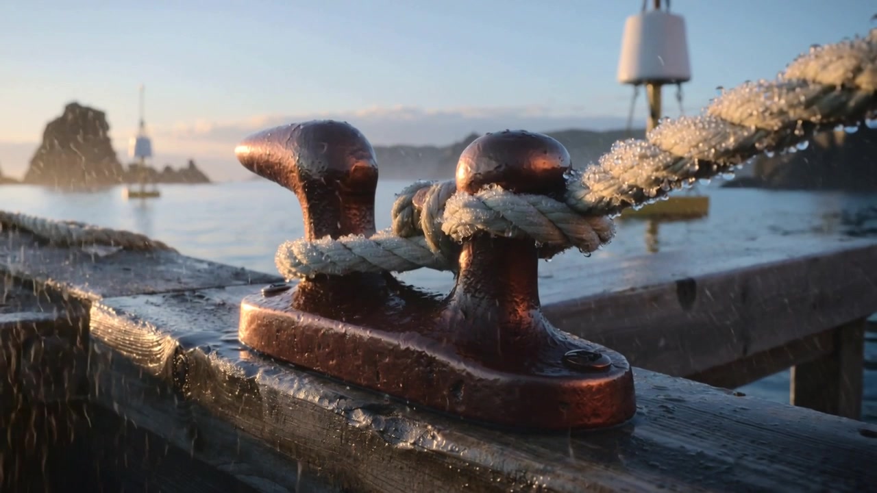 Fanger sjøsprøyt, bronsefortøyningsklampe og flettet tau som drypper på en trebrygge.