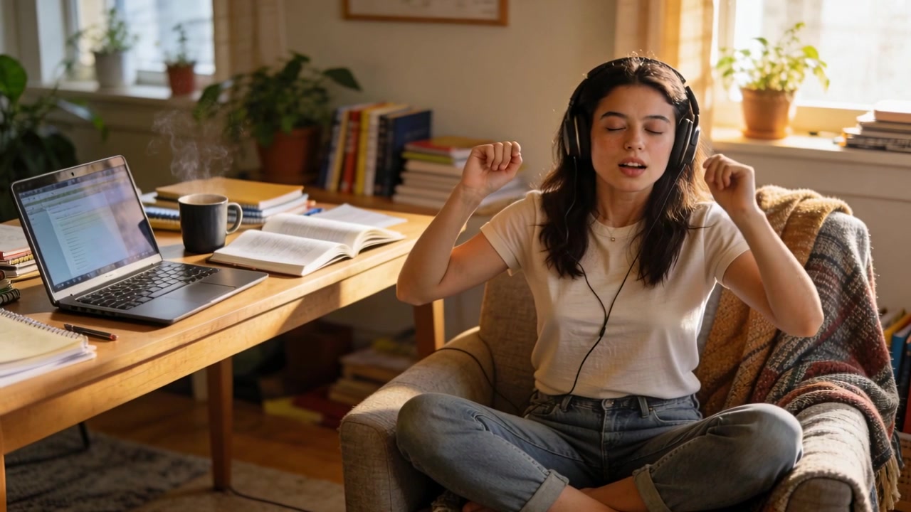 Headphones playing music, woman wearing tee, jeans bobbing, singing at desk with laptop, copy space