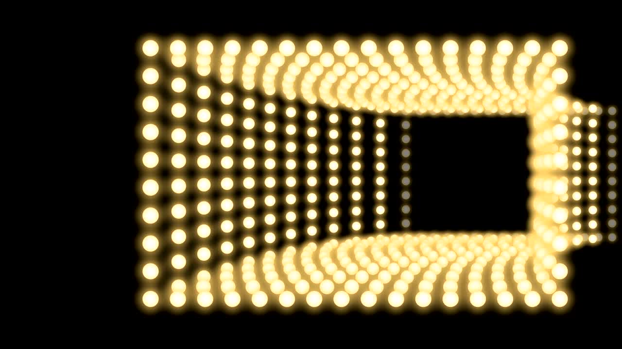 Tunnel Incandescent light bulb box frame rectangle shape moving pattern, retro 3D virtual style illustration glow in dark background seamless looping animation 4K, with copy space