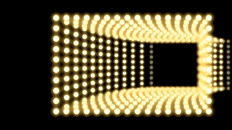Tunnel Incandescent light bulb box frame rectangle shape moving pattern, retro 3D virtual style illustration glow in dark background seamless looping animation 4K, with copy space