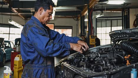 Mechanic in blue overalls works on a car engine in a garage
