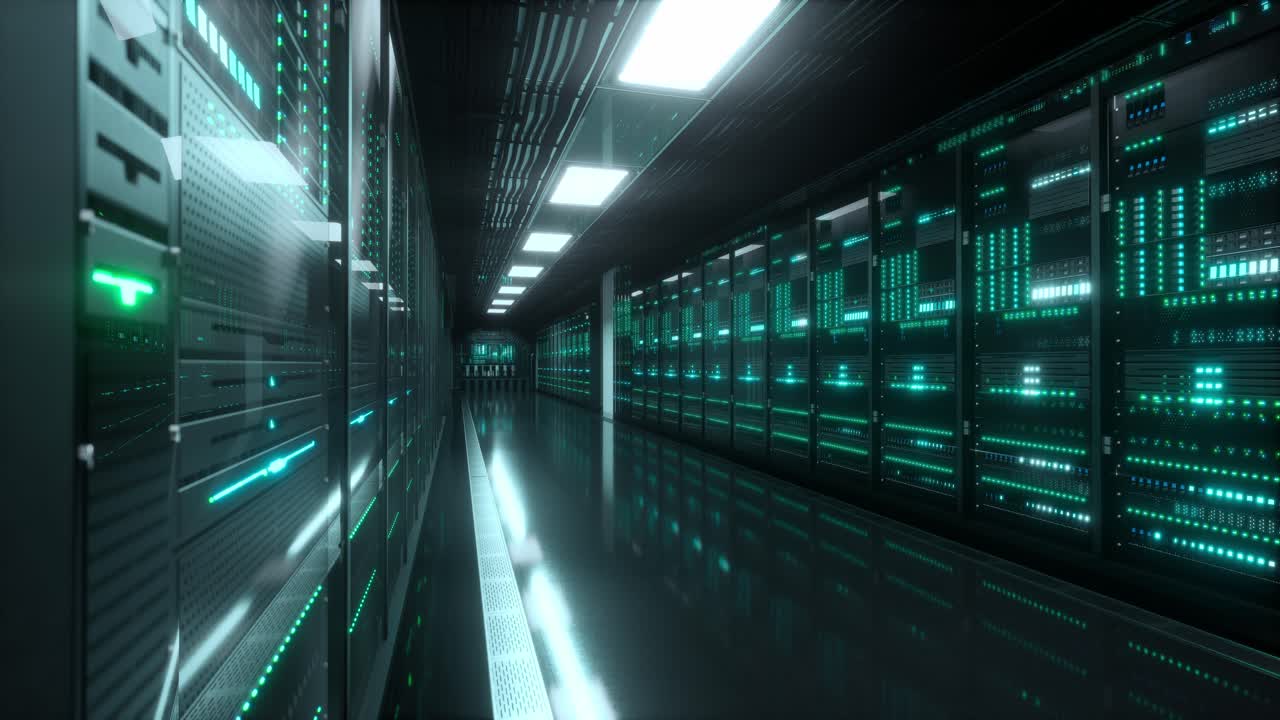 Inside Large Data Center. Advanced Cloud Computing Concept. Corridor With Server Racks And Cabinets Full Of Hard Drives