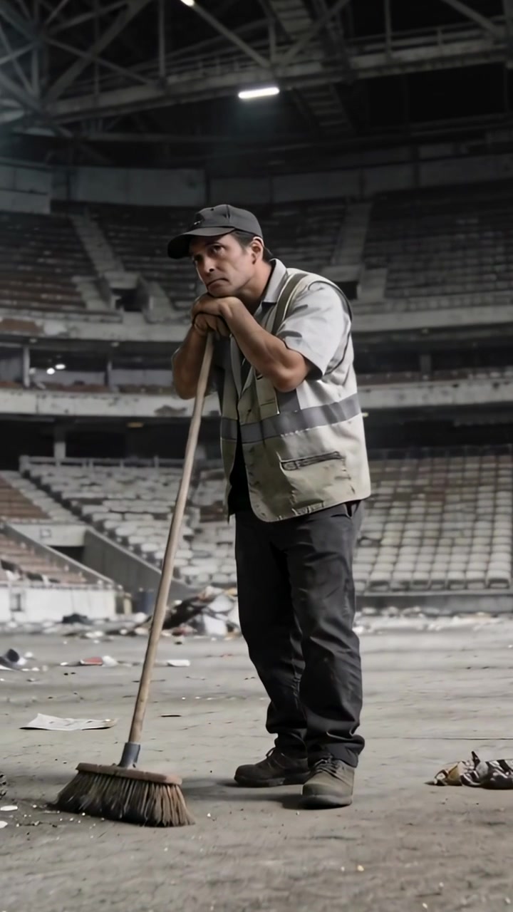 Vertical video: Pausing from sweeping, custodian leaning on broom and scanning arena floor, vest