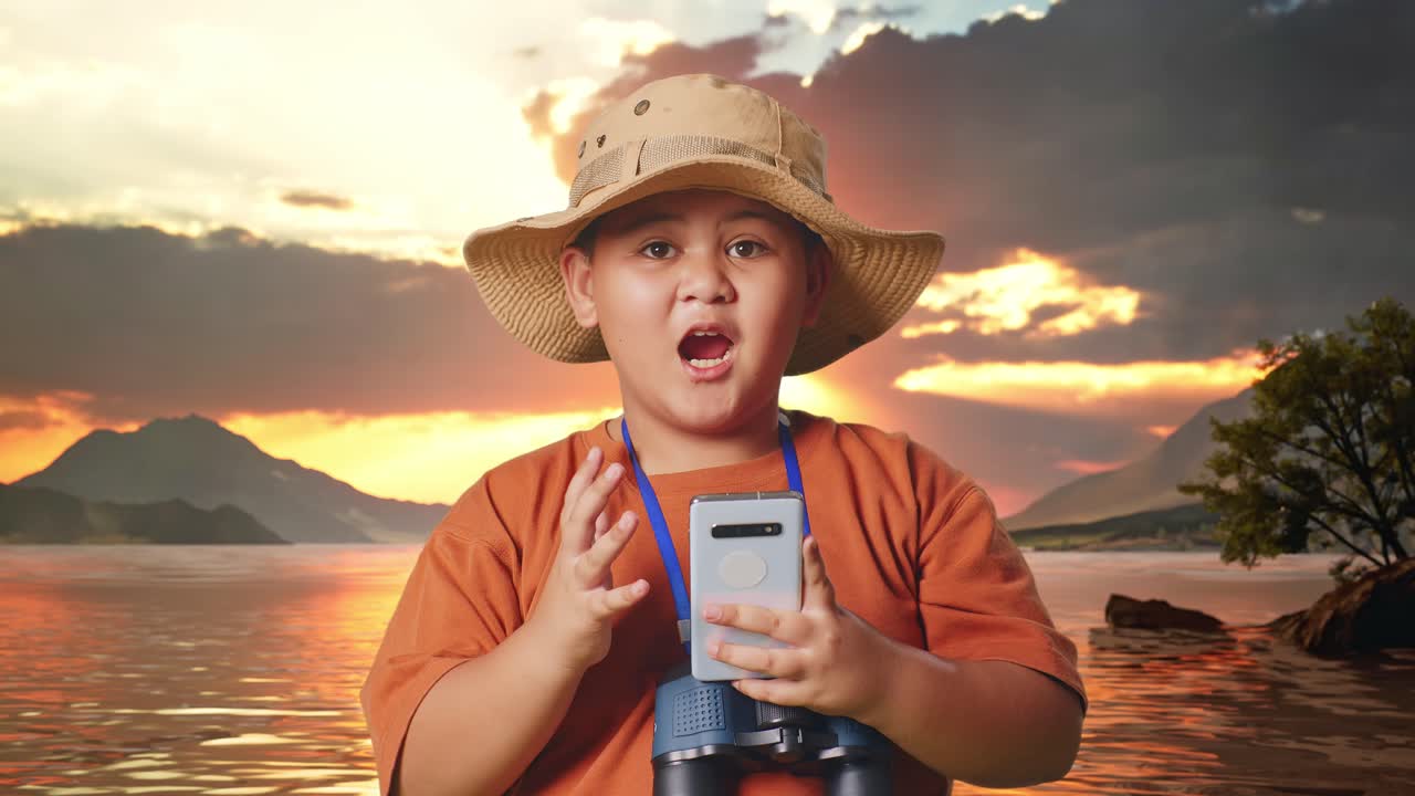 Asian Boy With A Hat And Binoculars Looking At Smartphone Then Saying Wow. Boy Researcher Examines Something At A Lake, Travel Tourism Adventure Concept, Close Up