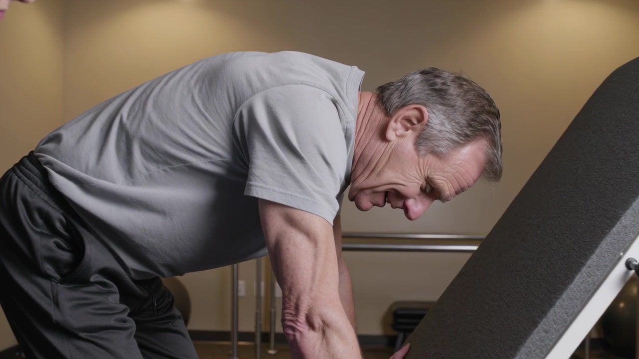 Responding to clinician cueing in scrubs, man pressing on angled bench in clinic for strength