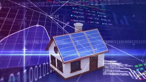 Animation-of-financial-data-processing-over-house-with-solar-panels