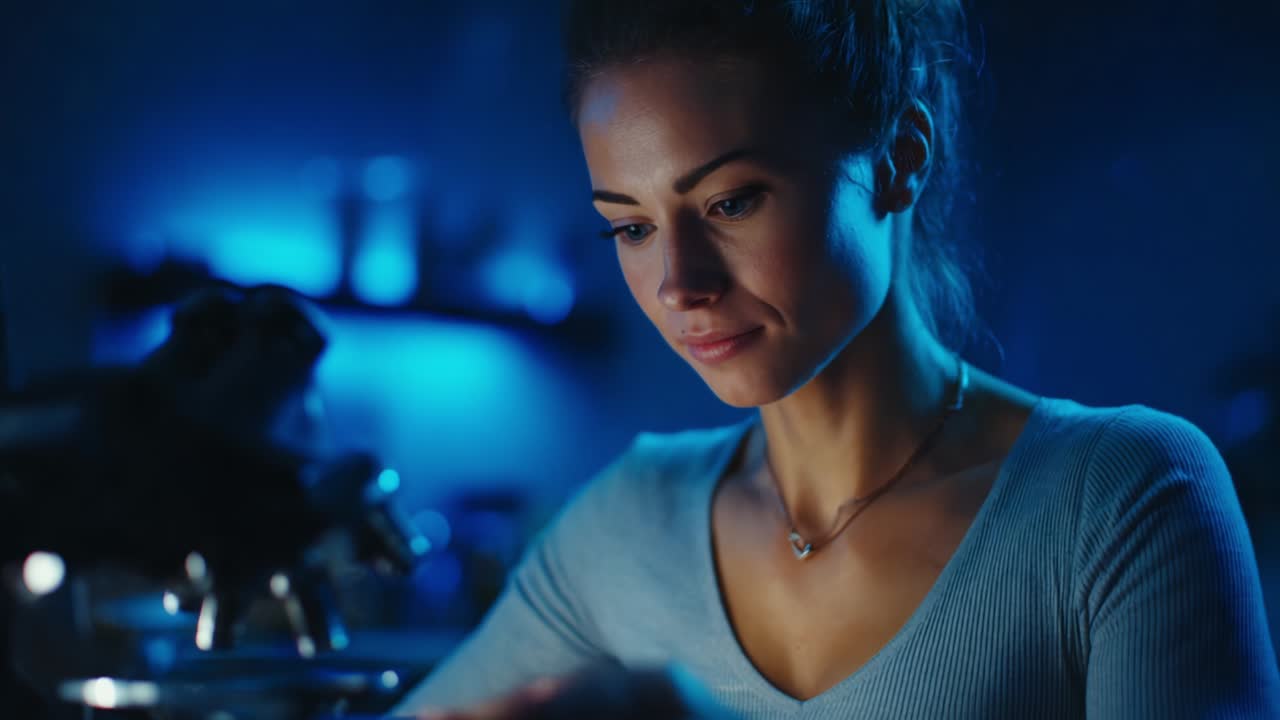 En ung kvinde er fordybet i at analysere prøver under et mikroskop, belyst af et blødt, blåt lys, der skaber en fokuseret og rolig atmosfære, der viser engagement i videnskabelig opdagelse og forskning.