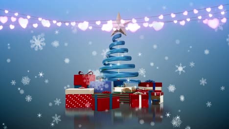 Animation-of-christmas-tree,-presents,-lights-and-falling-snow-on-blue-background