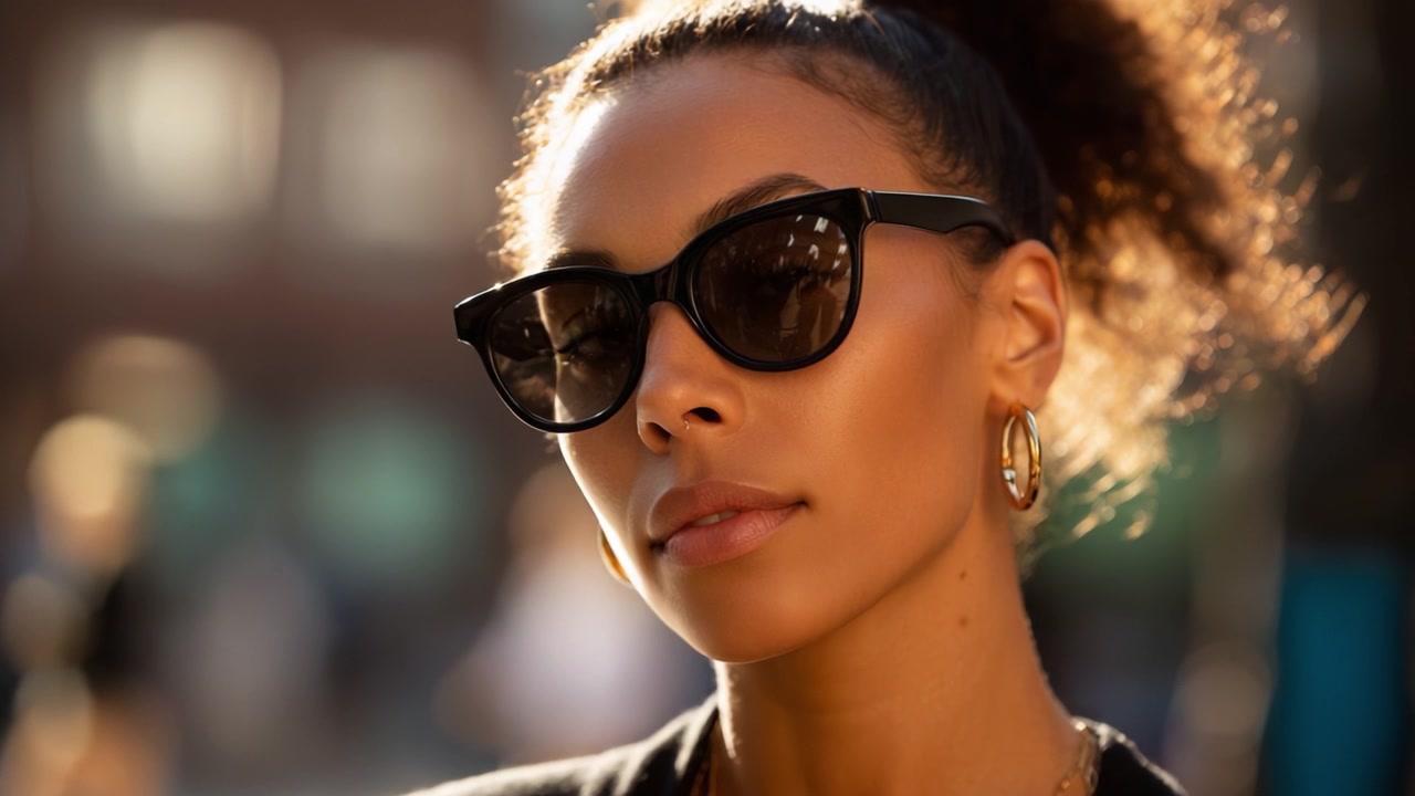 Donna sicura di sé con occhiali da sole alla moda, che mostra bellezza ed eleganza sotto la calda luce del sole, incarnando uno stile di vita urbano con una presenza affascinante e alla moda.