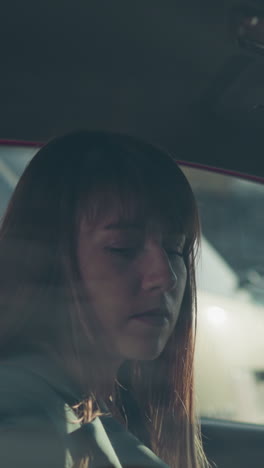 upset woman in green jacket opens door getting in red car to go home. female driver takes time to think before starting engine closeup slow motion