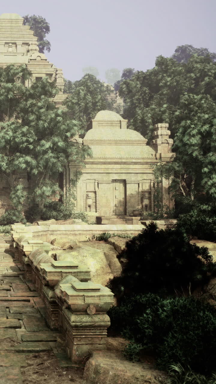 Ancient temple hidden among lush greenery in a serene landscape