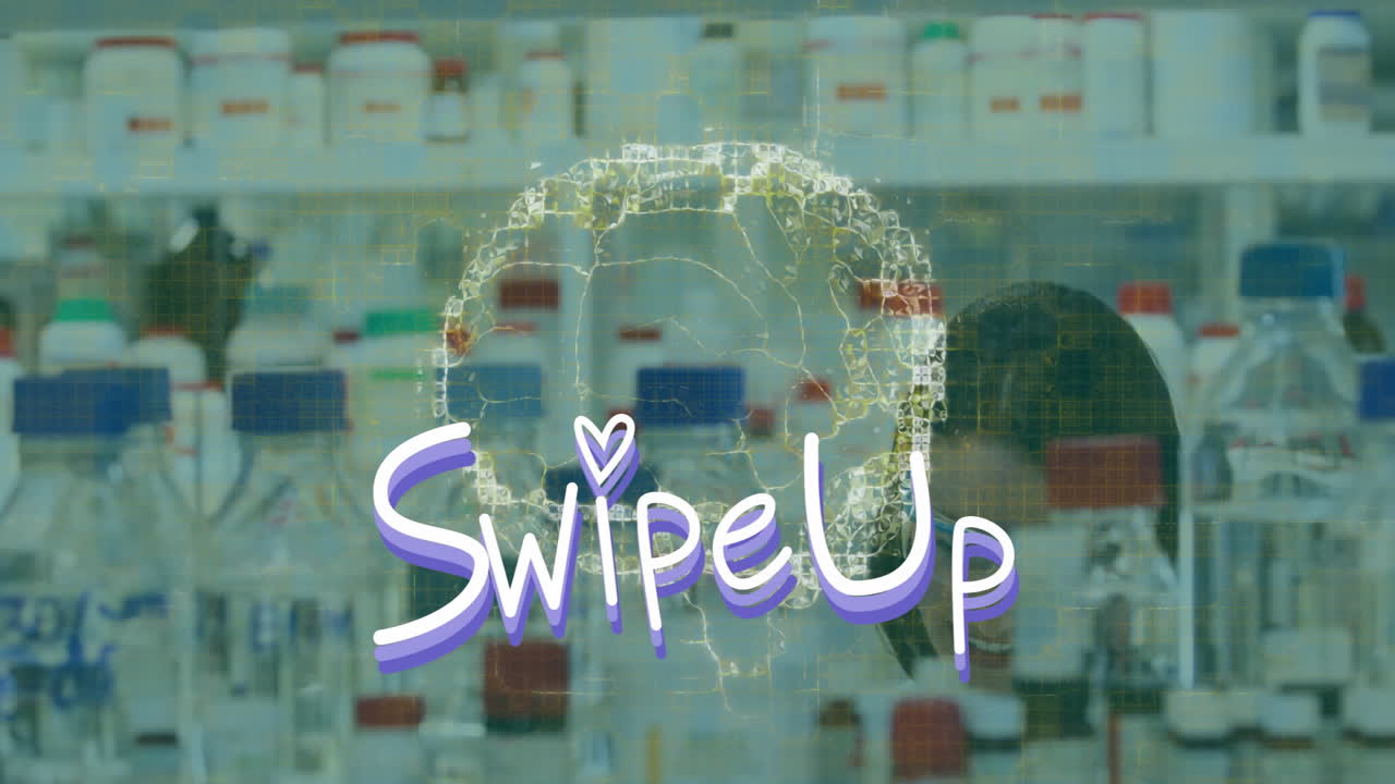 Swipe Up text animation over laboratory scene with scientist working
