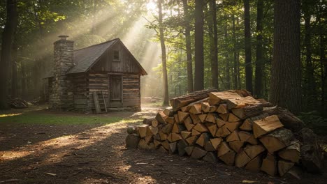 a serene cabin in the woods surrounded by sunlight and timber, capturing the essence of nature's peace and rustic charm in a perfectly timed moment