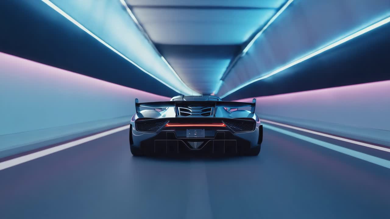 Futuristic Car Driving Through a Neon Tunnel