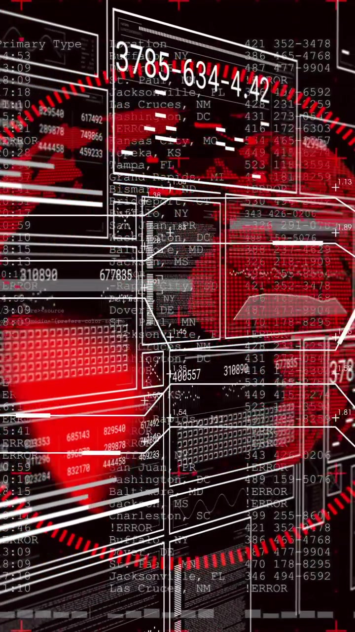 Animation of digital data and numbers overlaying red globe with tech elements