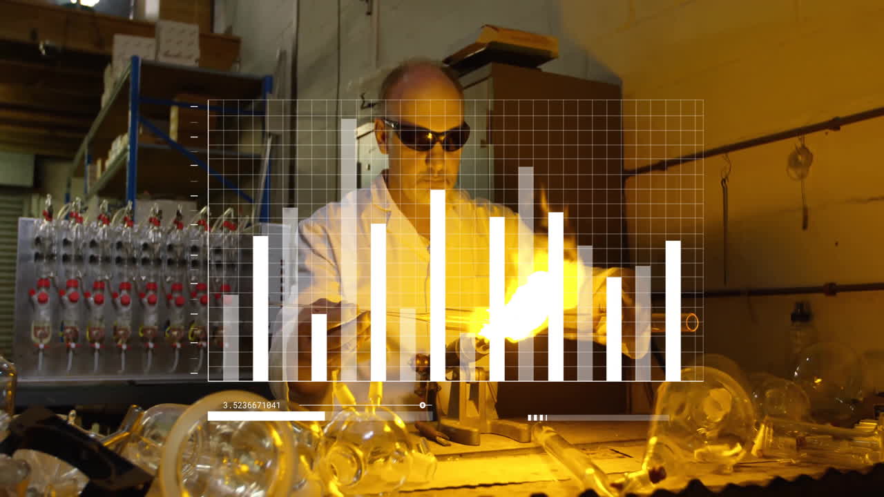 Conducting experiment with flames and data graph overlay, scientist in lab