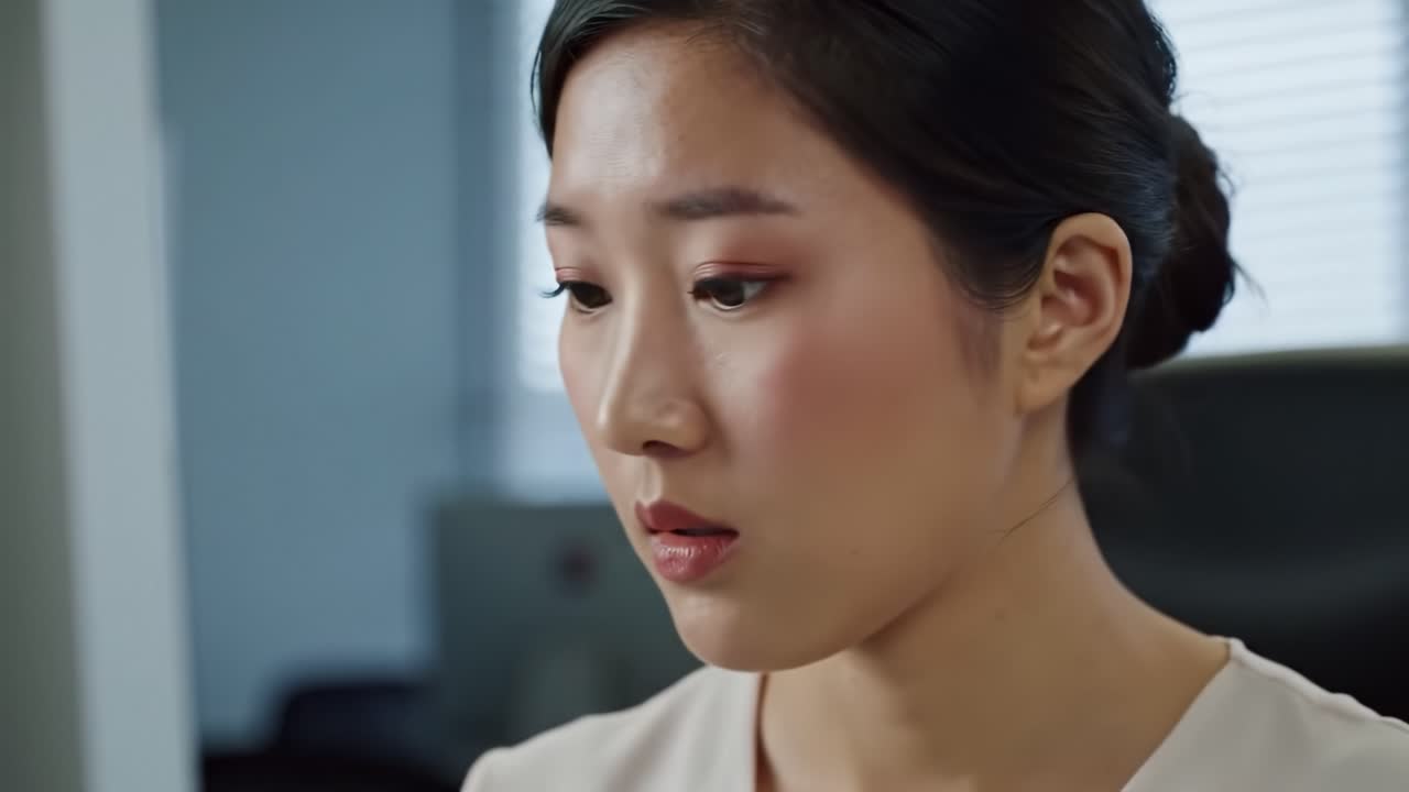 Contemplative Focus: A Young Woman's Intense Moment of Reflection Captured in Two Frames, Portraying Emotion and Depth in an Office Environment