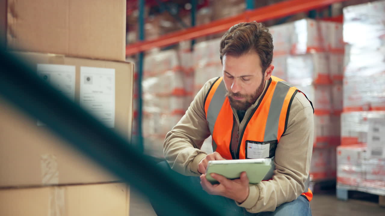 Warehouse worker with tablet checking inventory
