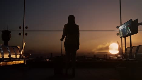 full body back view of asian businesswoman with rolling suitcase waits for flight in boarding lounge of airline hub, waiting room in airport terminal, airplane takes off outside the window