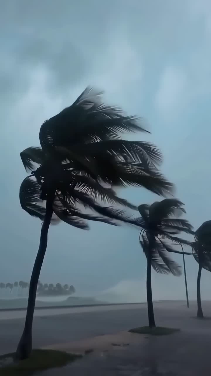 Video drammatico di palme che si piegano in una tempesta, ripreso da un'angolazione bassa.