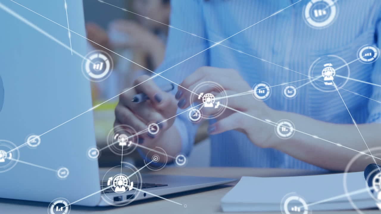 Hands typing on laptop with network connections and data processing animation