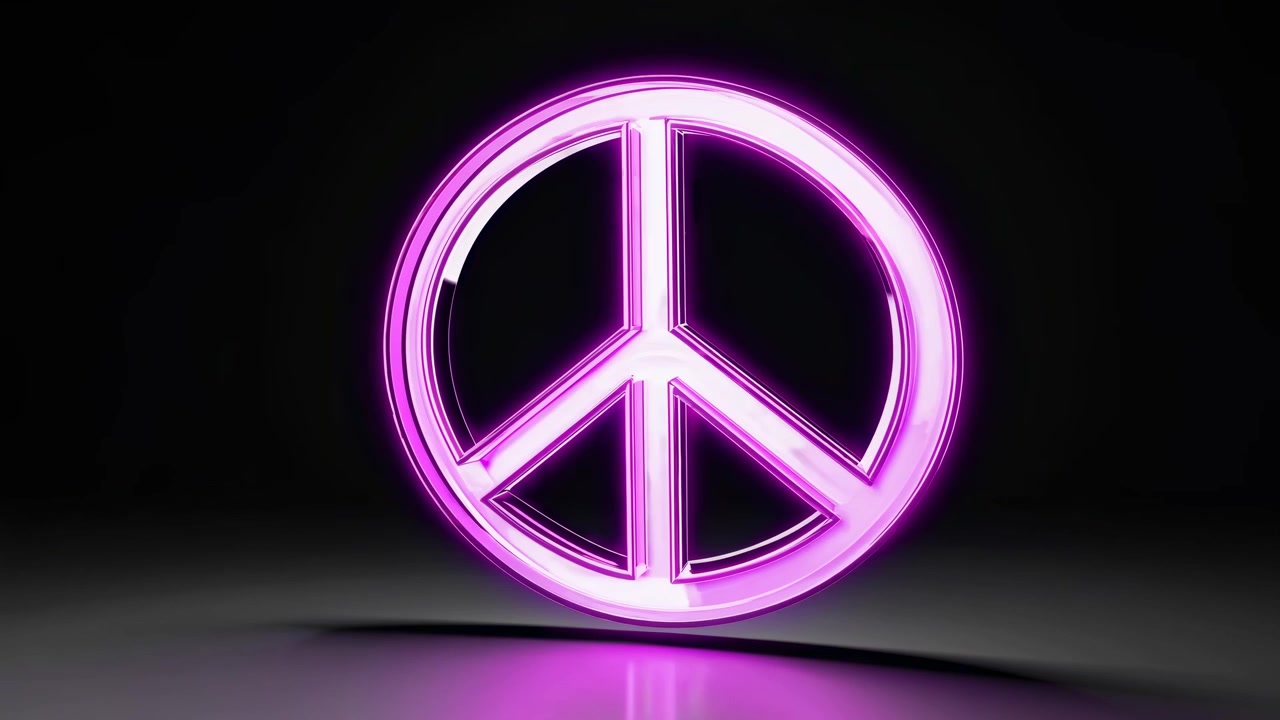Glowing Pink Neon Peace Symbol Rotating on Dark Background