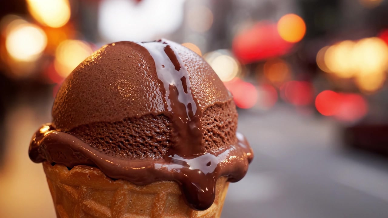 Heerlijk Chocolade-ijsje Druipend van Rijke Chocoladesaus, Vastgelegd in een Kleurrijke Stedelijke Omgeving met Bokeh-achtergrond voor een Verleidelijke Dessertervaring