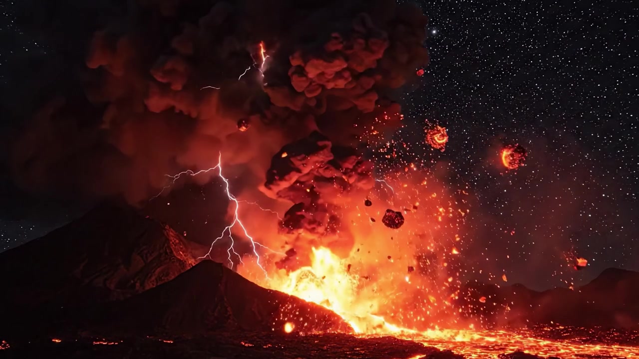 夜に捉えられた活火山の劇的な噴火。爆発的な溶岩噴泉、燃え盛る火山灰の雲、そして輝く溶岩流が星空を照らす。