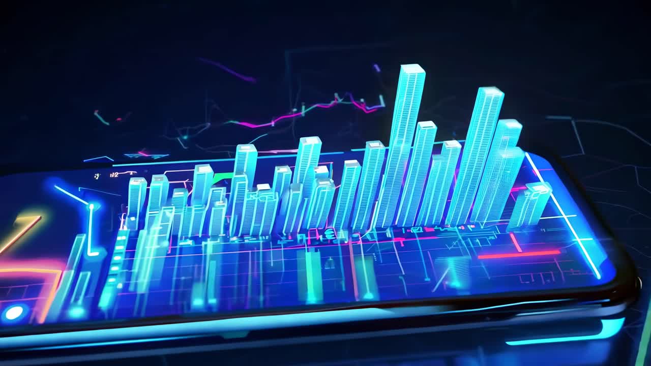 Futuristisches Videokonzept eines Smartphones mit 3D-Balkendiagrammen