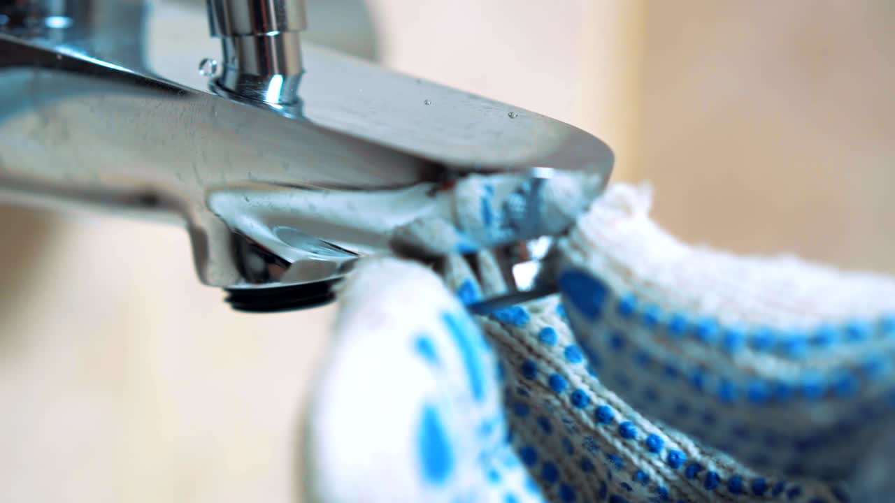 - 장갑을 입은 손의 클로즈업 배관공 세트 에어레이터.