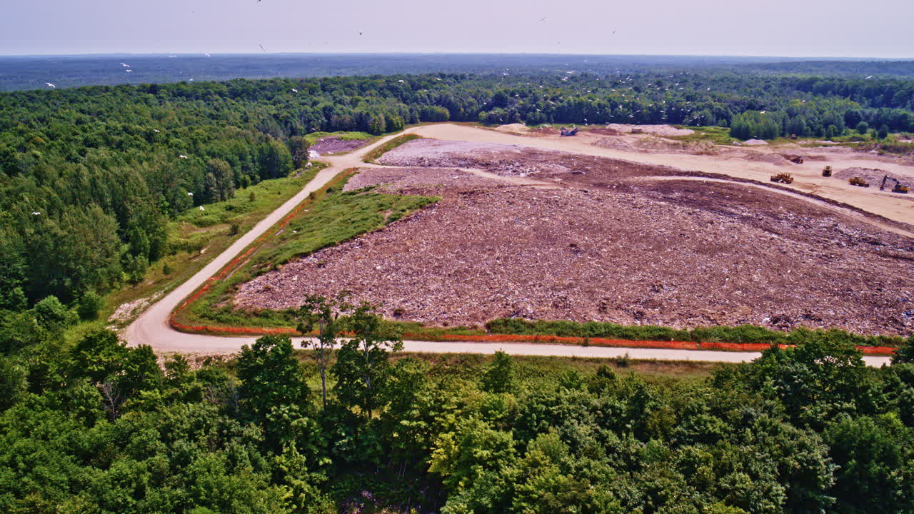 Drone footage showing a large amount of scavenging birds flying over landfill