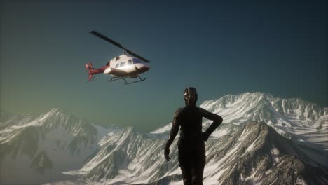 woman-and-helicopter-in-winter-mountains