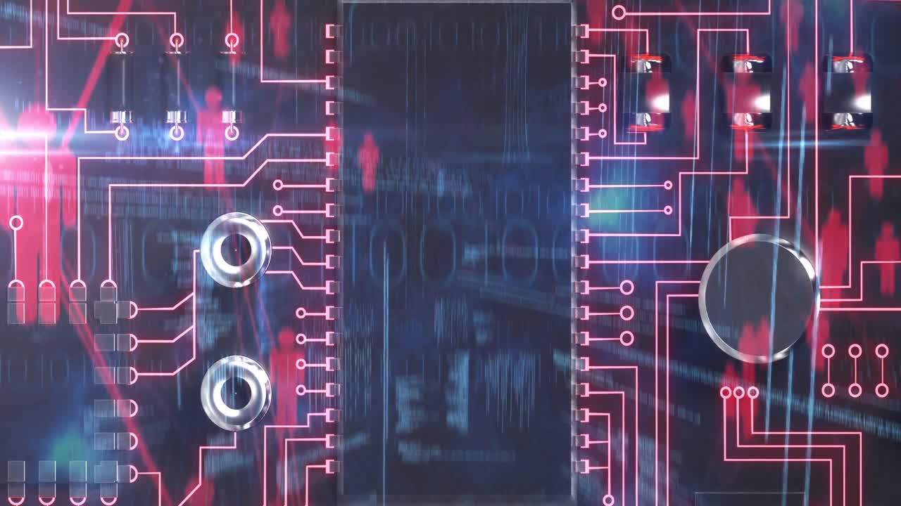 Animation of computer circuit board, human icons and binary coding over blue background