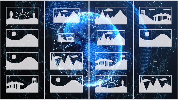 Animation of artificial intelligence data processing over screens and globe