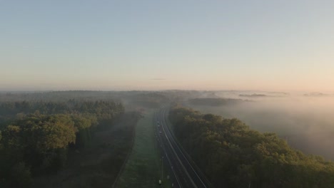 highway through foggy forest at sunrise