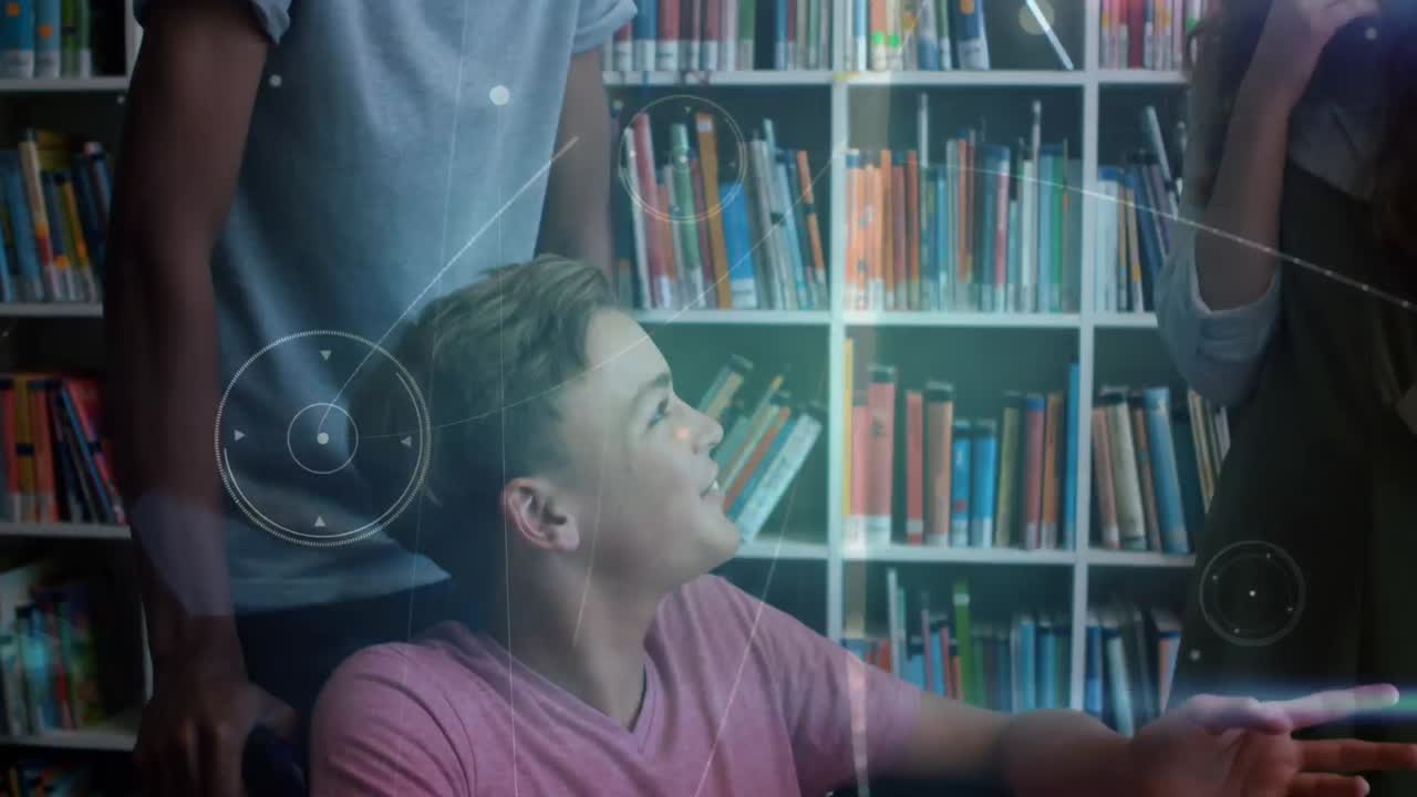 animación de la red de conexiones entre diversos escolares que leen y aprenden en la escuela