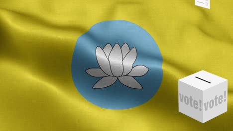 ballots fly to box for kalmykia selection - ballot box in front of flag - election - vote - flag of kalmykia - kalmykia flag high detail - national flag kalmykia wave pattern loopable elemen - fabric texture and endless loop