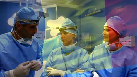 animación de la bandera de francia sobre varios médicos hablando
