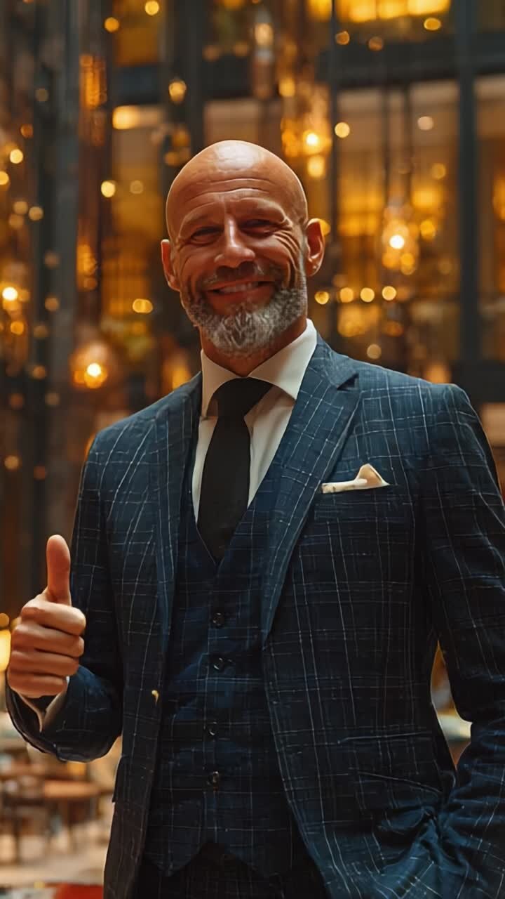 Uomo sorridente e sicuro di sé in abito sartoriale che fa il pollice in su in un ambiente lussuoso, enfatizzando lo stile e la positività in un contesto sofisticato